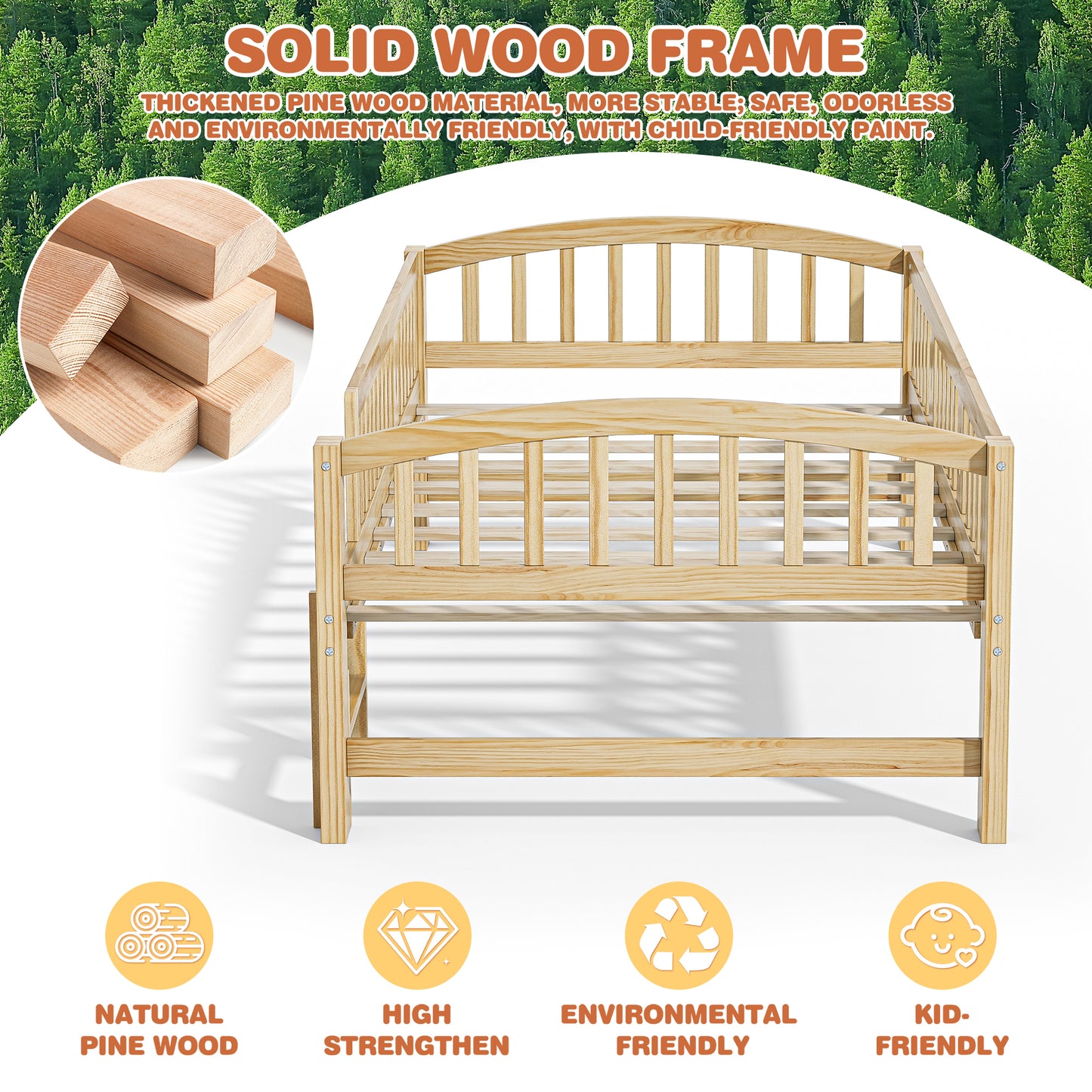 SESSLIFE Twin Size Platform Bed for Kids, Solid Wood Toddler Bed Frame with Slats, Fence Guardrail Ladder, Montessori Floor Bed for Boys Girls, No Box Spring Needed, Holds 400 lbs, Natural
