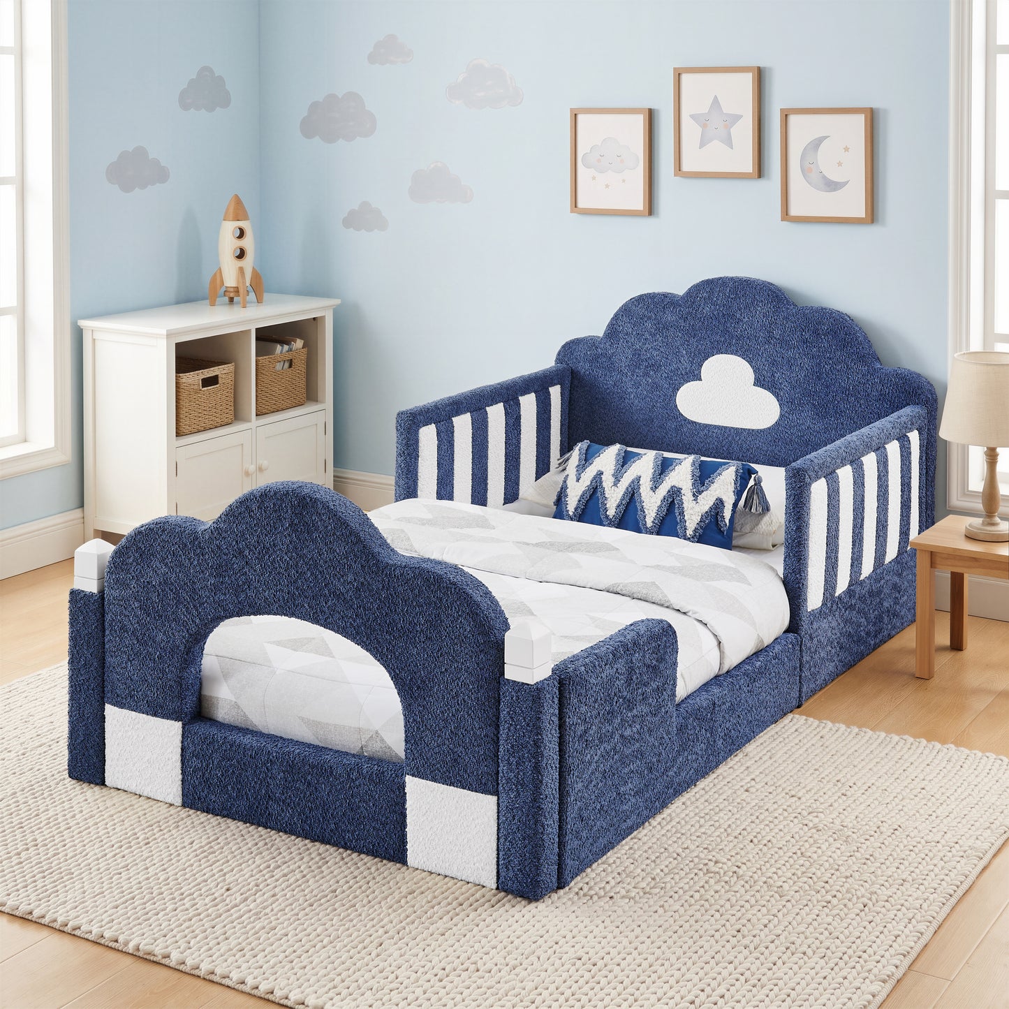 SESSLIFE Upholstered Twin Size Floor Bed with Cloud Headboard, Twin Platform Bed with Safety Guardrails, Solid Wood Frame, Low Profile Montessori Bed for Little Boys Girls, Sky Blue