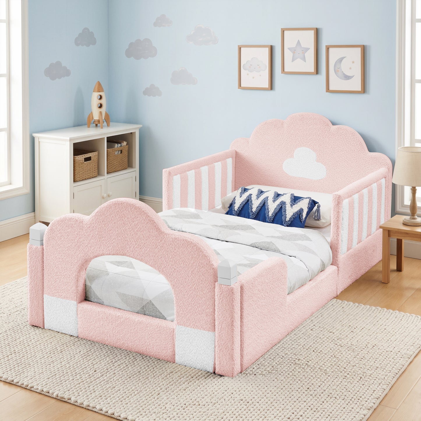 SESSLIFE Upholstered Twin Size Floor Bed with Cloud Headboard, Twin Platform Bed with Safety Guardrails, Solid Wood Frame, Low Profile Montessori Bed for Little Boys Girls, Sky Blue