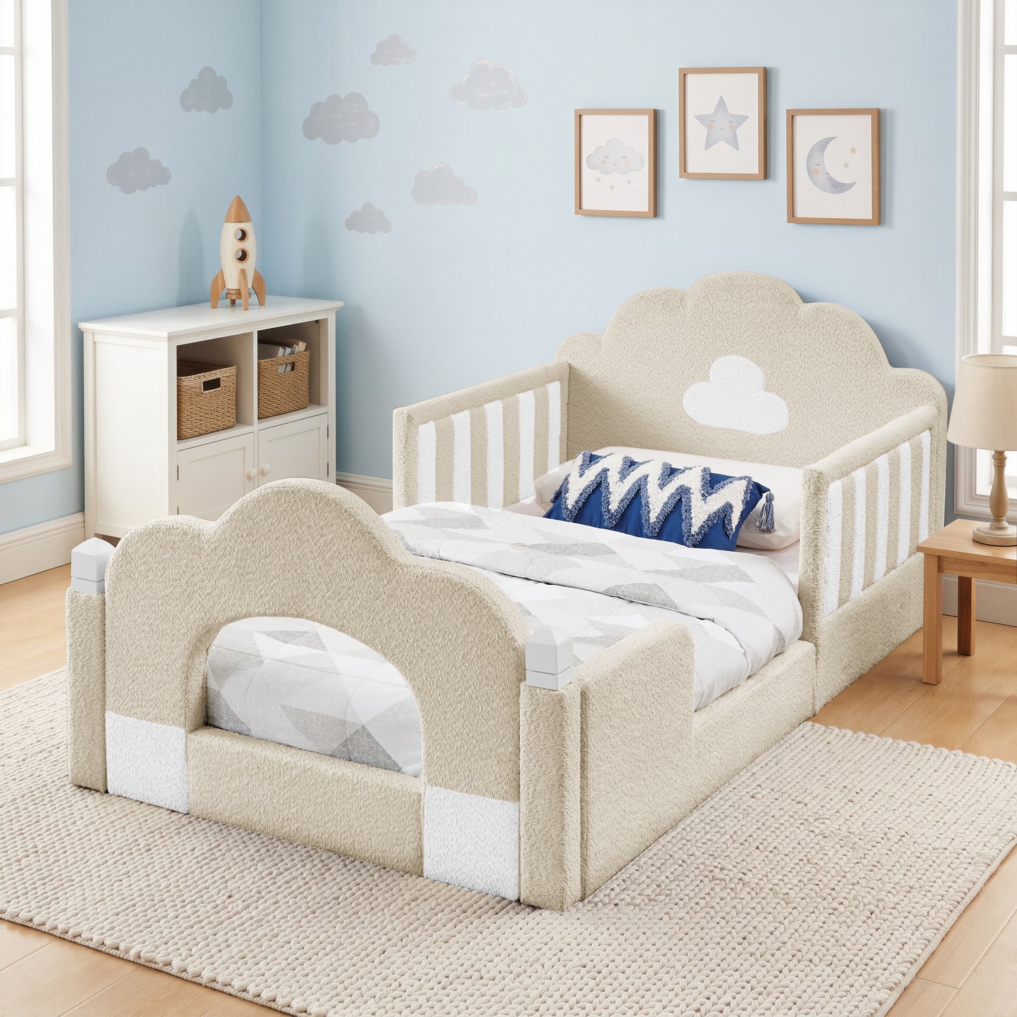 SESSLIFE Upholstered Twin Size Floor Bed with Cloud Headboard, Twin Platform Bed with Safety Guardrails, Solid Wood Frame, Low Profile Montessori Bed for Little Boys Girls, Sky Blue