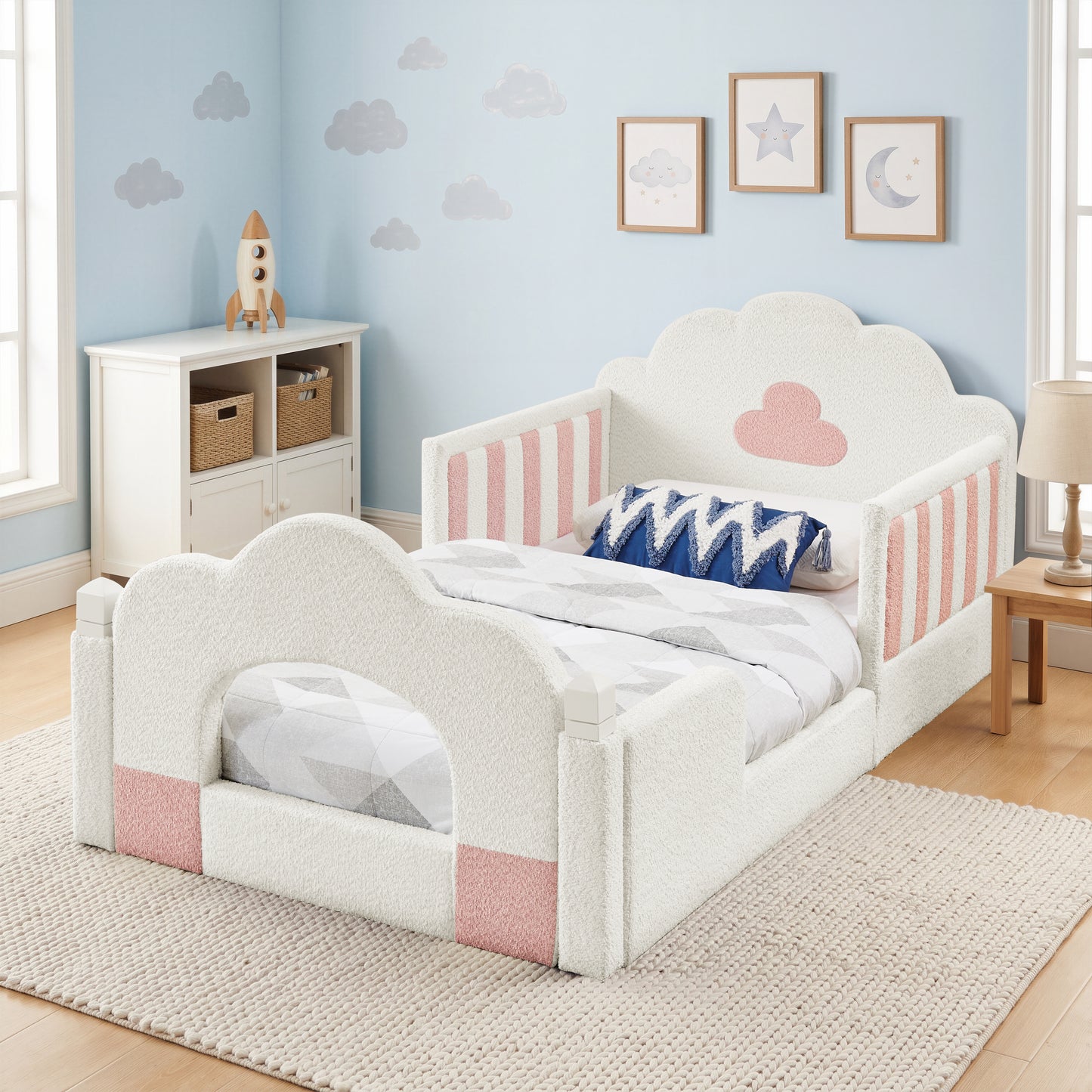 SESSLIFE Upholstered Twin Size Floor Bed with Cloud Headboard, Twin Platform Bed with Safety Guardrails, Solid Wood Frame, Low Profile Montessori Bed for Little Boys Girls, Sky Blue