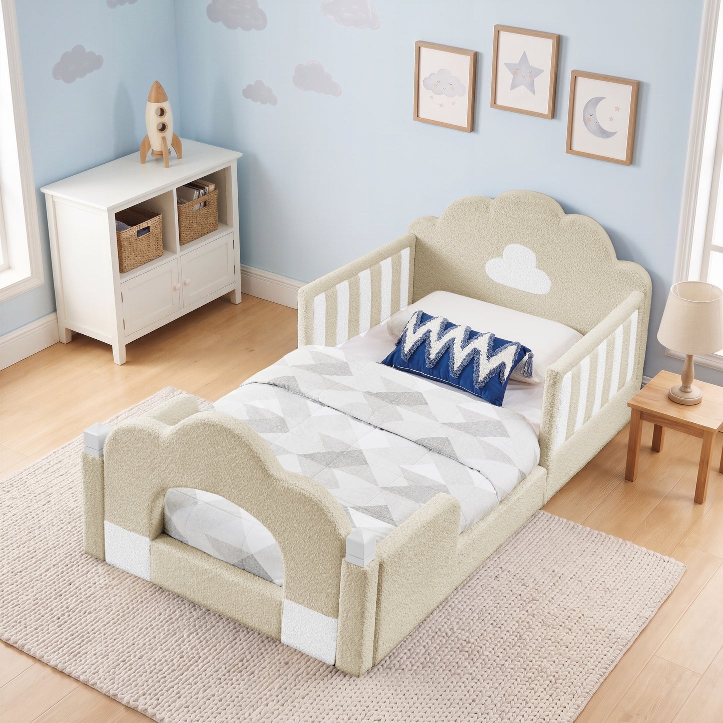 SESSLIFE Upholstered Twin Size Floor Bed with Cloud Headboard, Twin Platform Bed with Safety Guardrails, Solid Wood Frame, Low Profile Montessori Bed for Little Boys Girls, Sky Blue