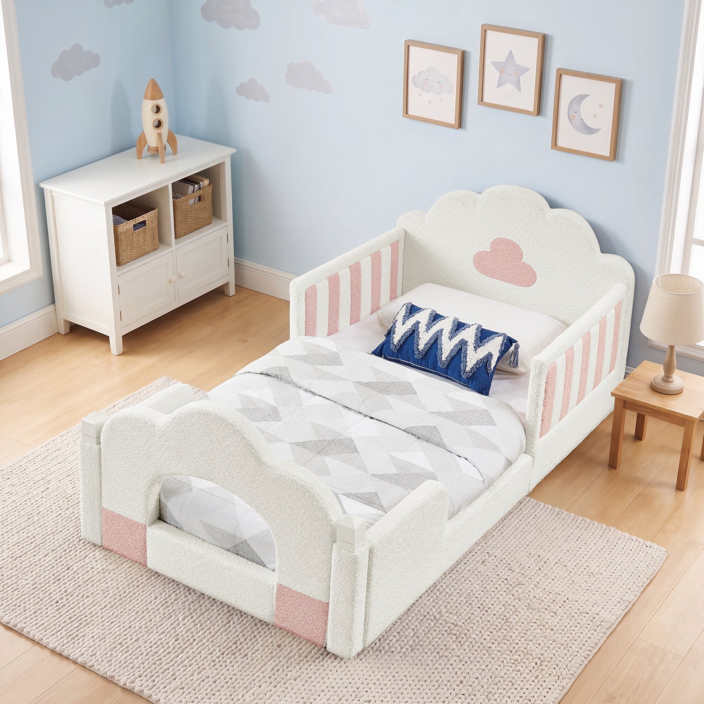 SESSLIFE Upholstered Twin Size Floor Bed with Cloud Headboard, Twin Platform Bed with Safety Guardrails, Solid Wood Frame, Low Profile Montessori Bed for Little Boys Girls, Sky Blue