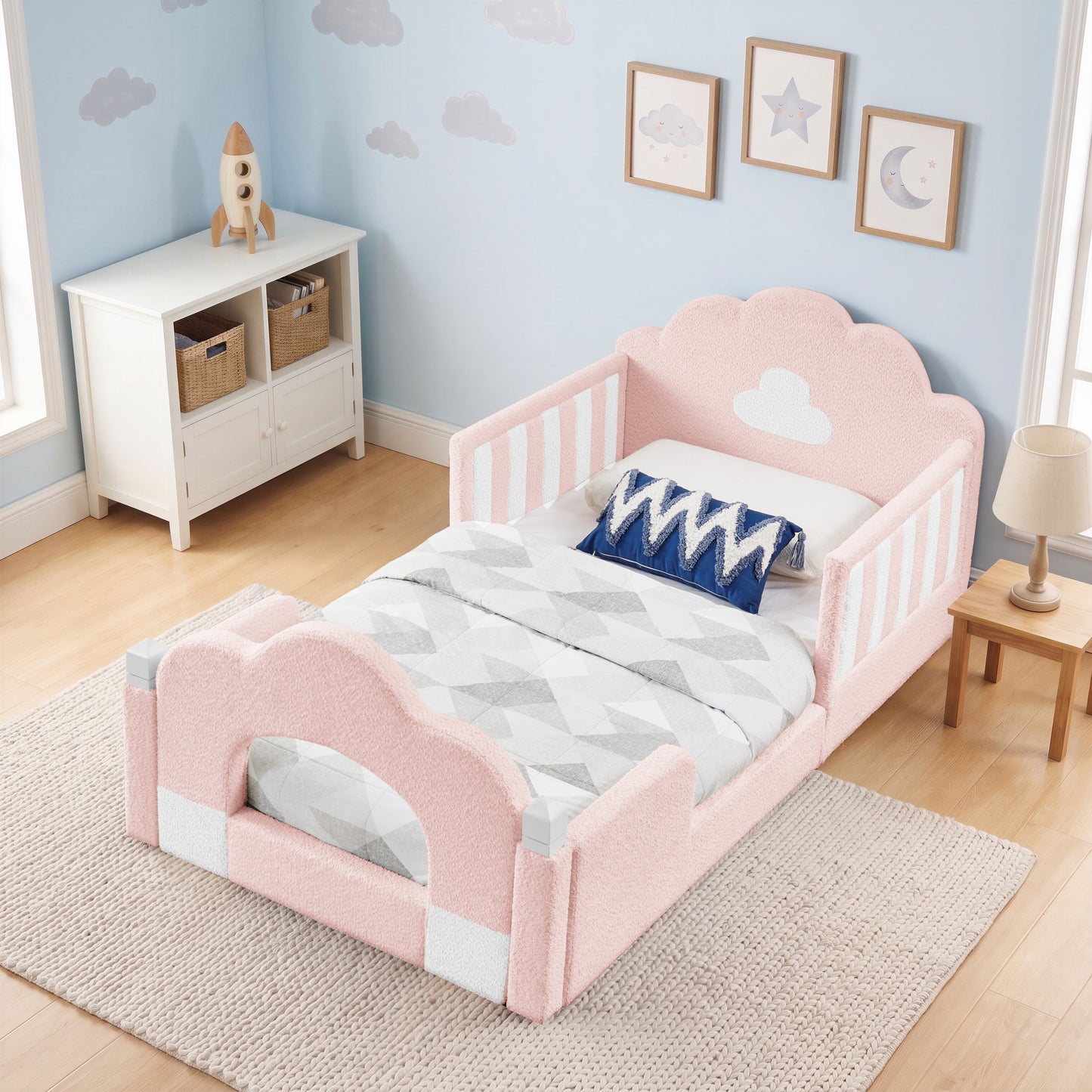 SESSLIFE Upholstered Twin Size Floor Bed with Cloud Headboard, Twin Platform Bed with Safety Guardrails, Solid Wood Frame, Low Profile Montessori Bed for Little Boys Girls, Sky Blue