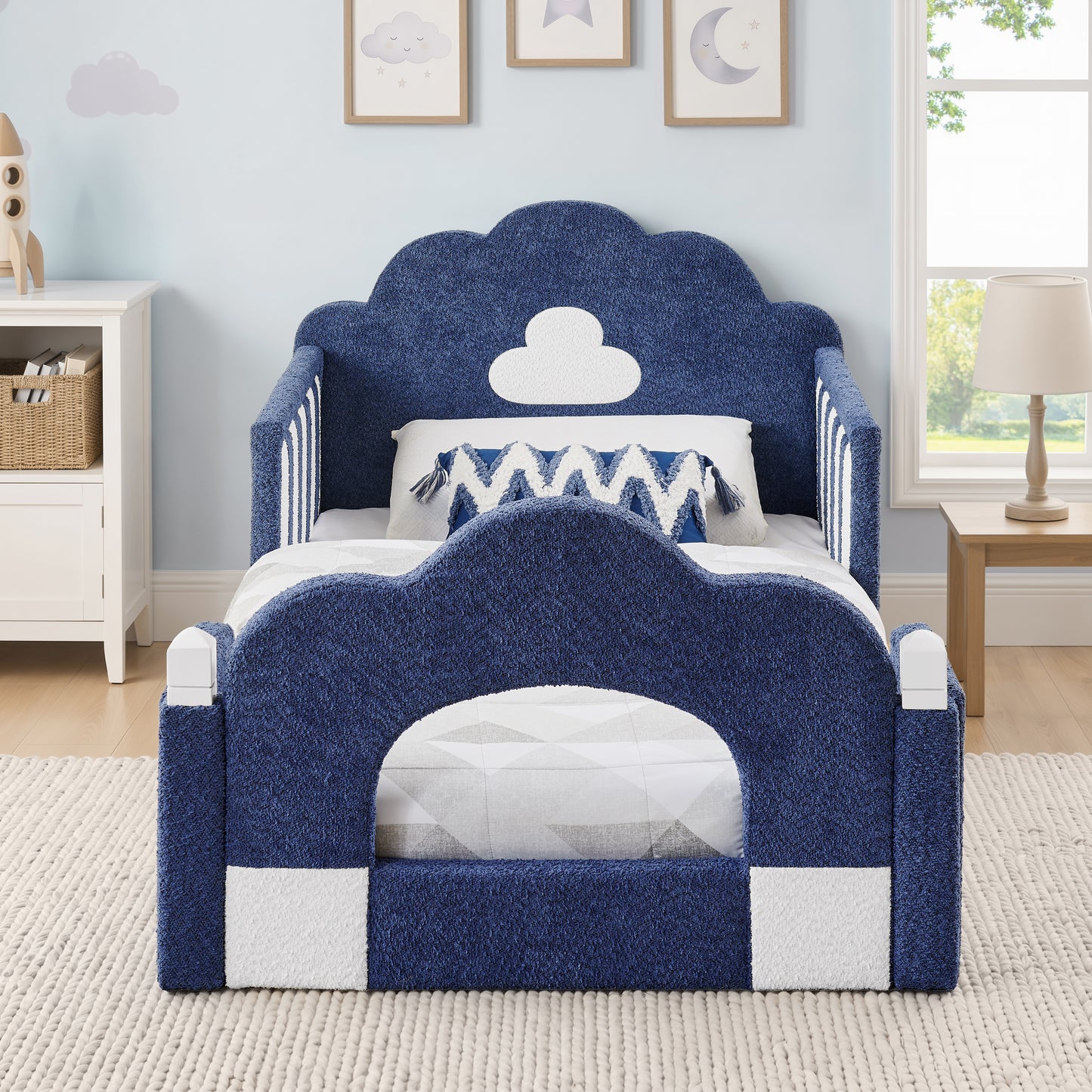 SESSLIFE Upholstered Twin Size Floor Bed with Cloud Headboard, Twin Platform Bed with Safety Guardrails, Solid Wood Frame, Low Profile Montessori Bed for Little Boys Girls, Sky Blue