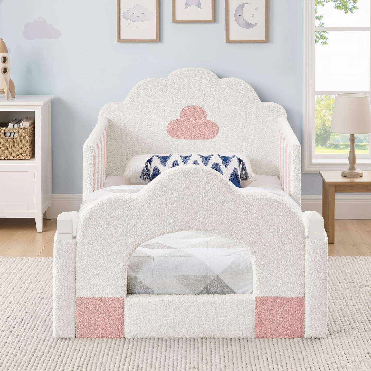 SESSLIFE Upholstered Twin Size Floor Bed with Cloud Headboard, Twin Platform Bed with Safety Guardrails, Solid Wood Frame, Low Profile Montessori Bed for Little Boys Girls, Sky Blue