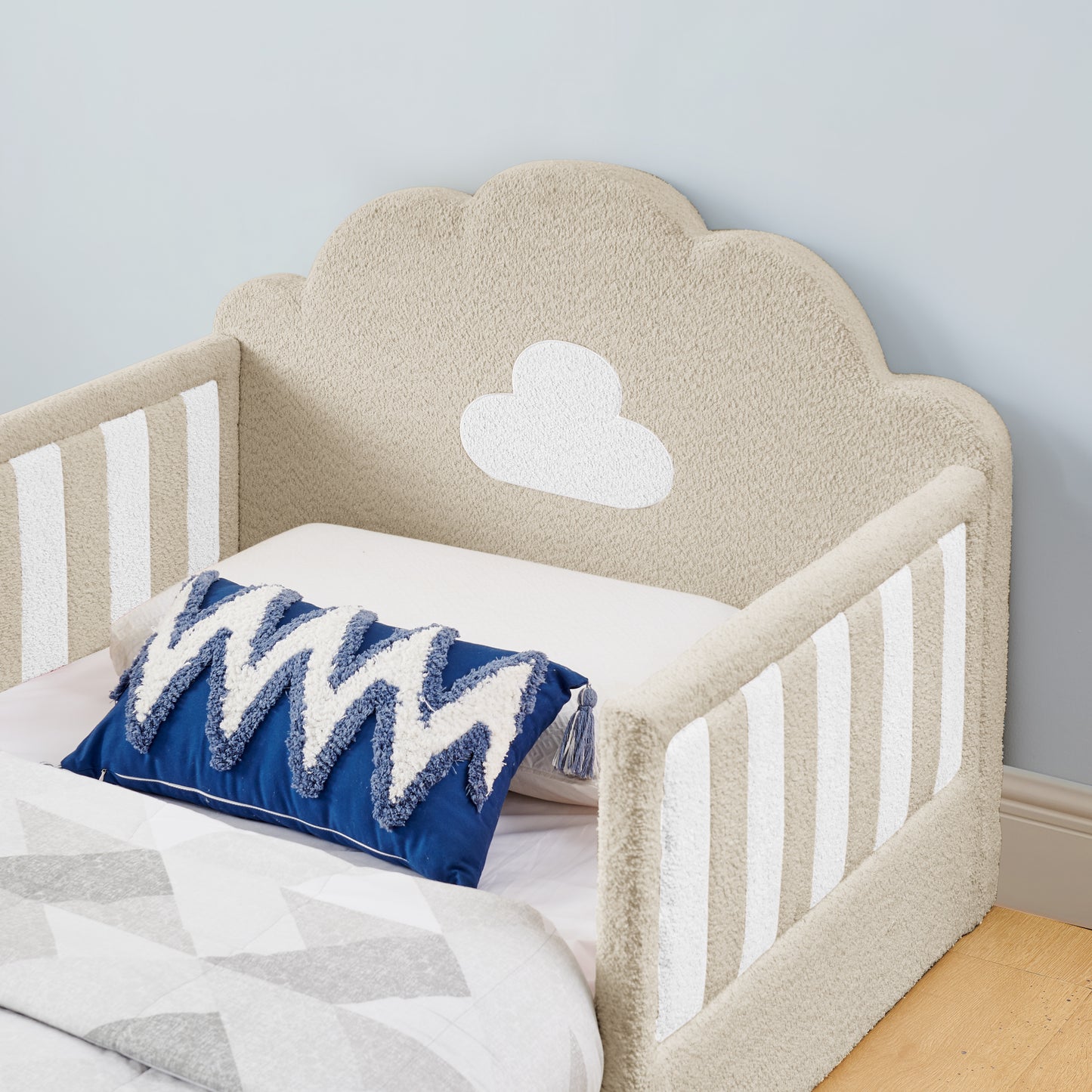SESSLIFE Upholstered Twin Size Floor Bed with Cloud Headboard, Twin Platform Bed with Safety Guardrails, Solid Wood Frame, Low Profile Montessori Bed for Little Boys Girls, Sky Blue