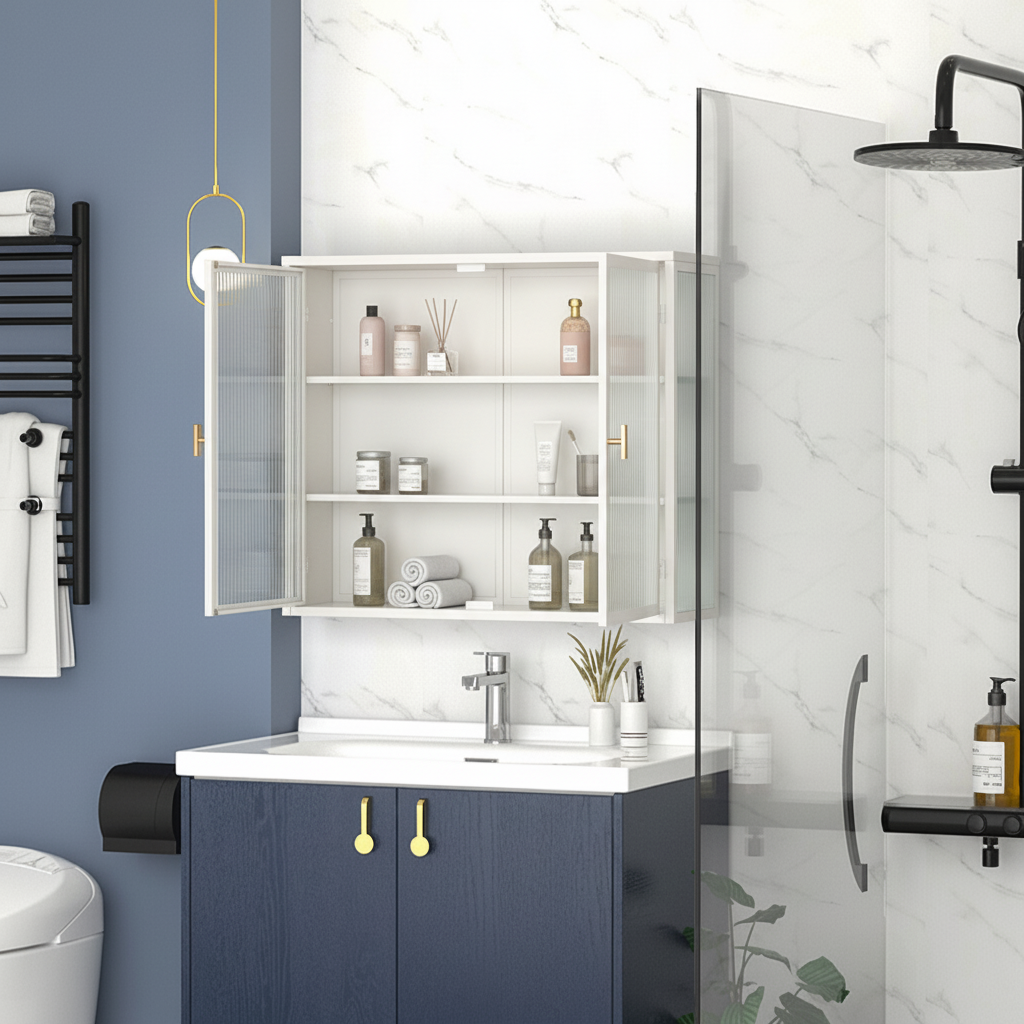 SESSLIFE 27" Large Modern Wall Cabinet with Woven Pattern and Glass Doors, 3-Tier Over-Toilet Storage, Wall Mounted or Freestanding for Bathroom, Living Room, Entryway, White