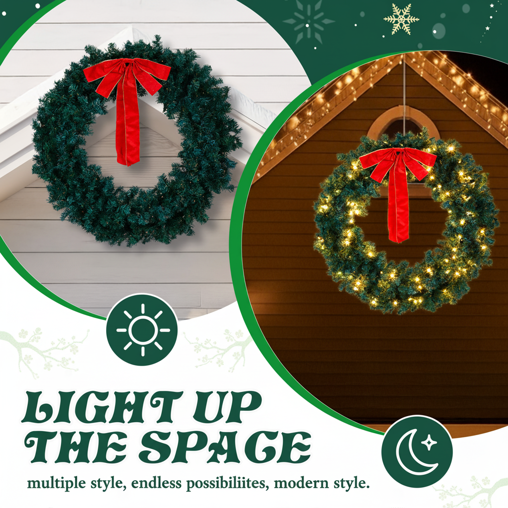 SESSLIFE 48in Pre-Lit Christmas Wreath, Large Artificial Xmas Wreath with LED Lights, Remote Control and Stepless Dimming, Full Outdoor Wreath for Front Door, Gate, Green