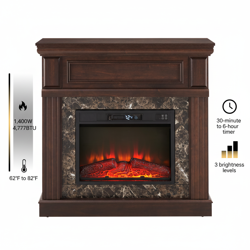 SESSLIFE 41" Electric Fireplace Heater with Mantel, Freestanding Design with 3D Adjustable Flame, Remote Control, Compact for Indoor Use, Cherry Finish, Heats Up to 400 Sq Ft