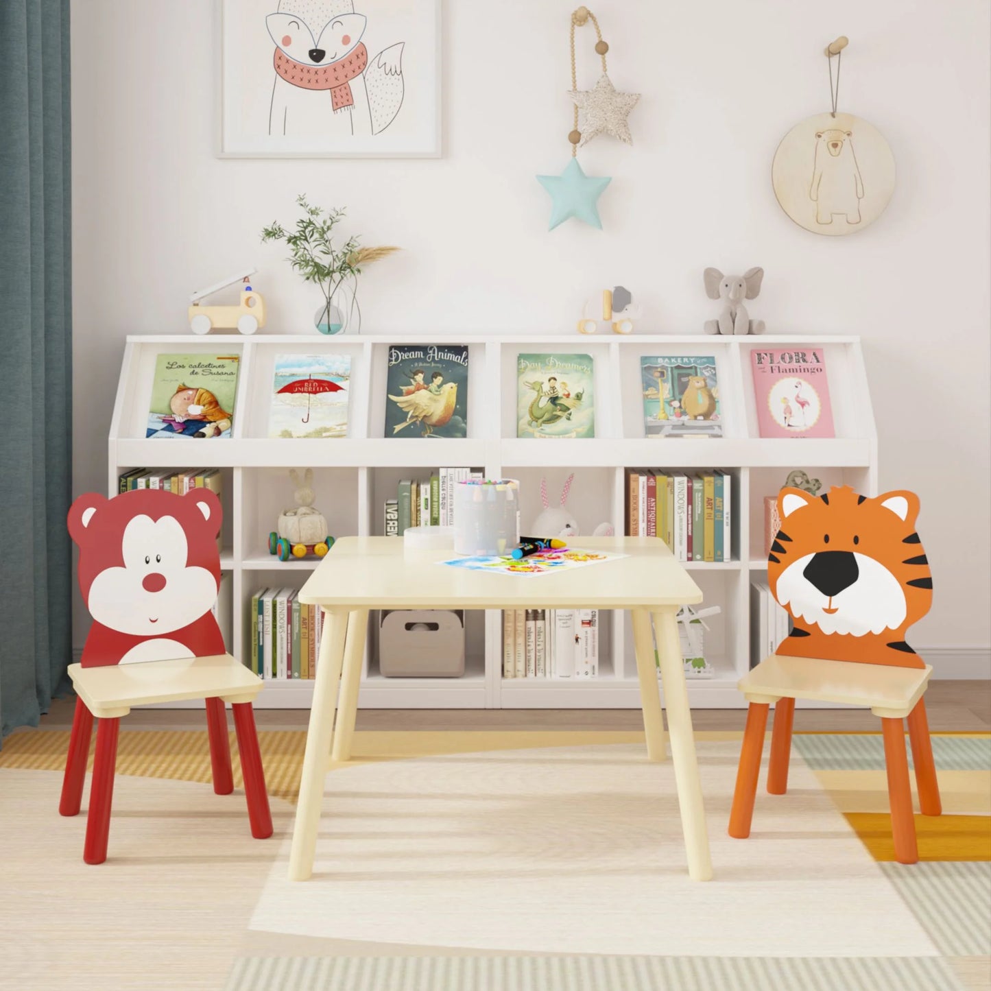 Sesslife Kids Table and Chairs Set, 3 Pieces Kids Square Table with 2 Chairs, Modern Wood Toddler Table and Chair Set, Sturdy Kids Play Table for Playroom Bedroom Kids Room, White