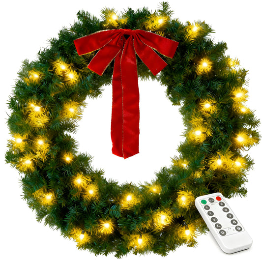 SESSLIFE 48in Pre-Lit Christmas Wreath, Large Artificial Xmas Wreath with LED Lights, Remote Control and Stepless Dimming, Full Outdoor Wreath for Front Door, Gate, Green