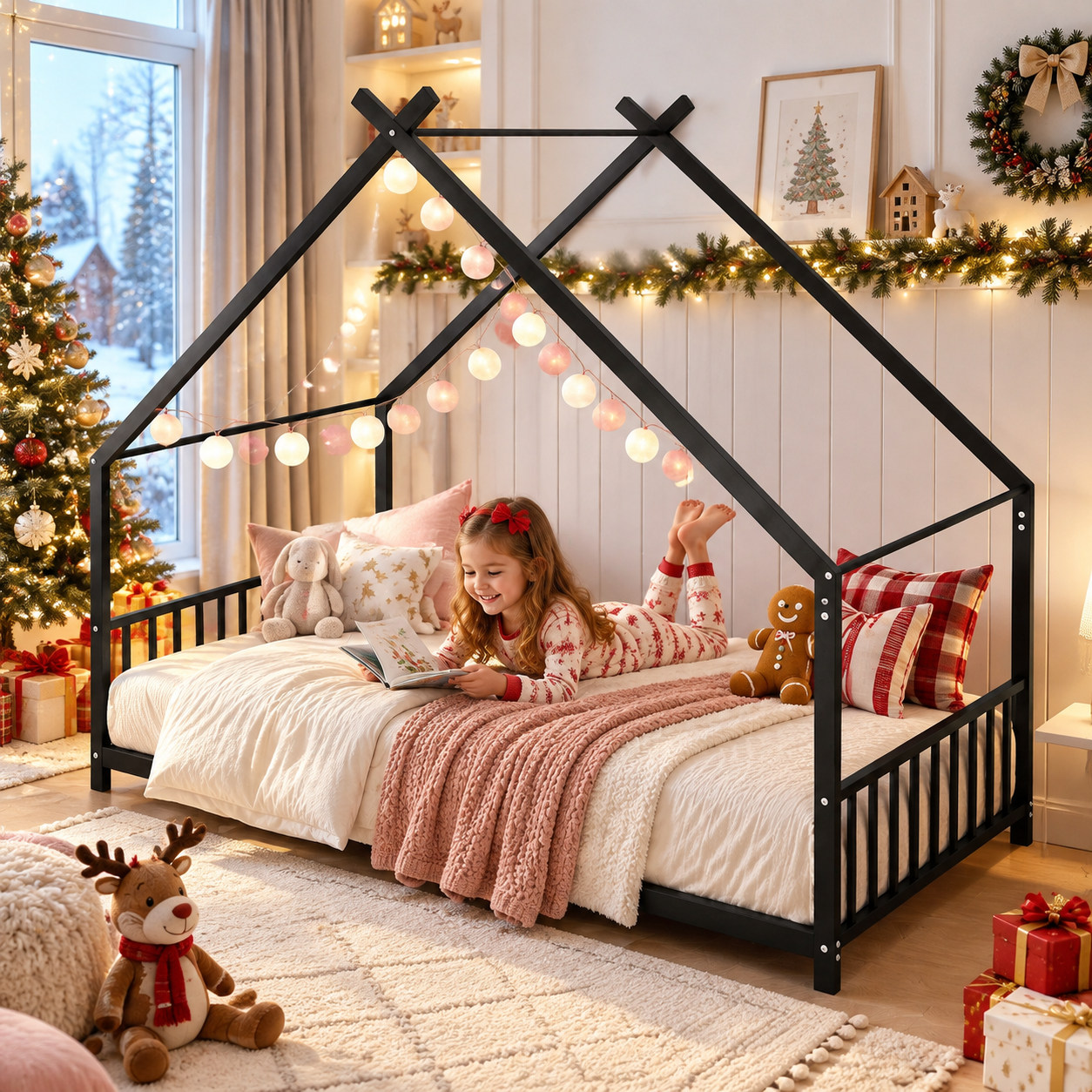 SESSLIFE Twin House Bed Frame, Low Profile Floor Bed with Roof Frame, Montessori Metal Platform Bed with Slats, No Box Spring Needed, 250 lb, Pink