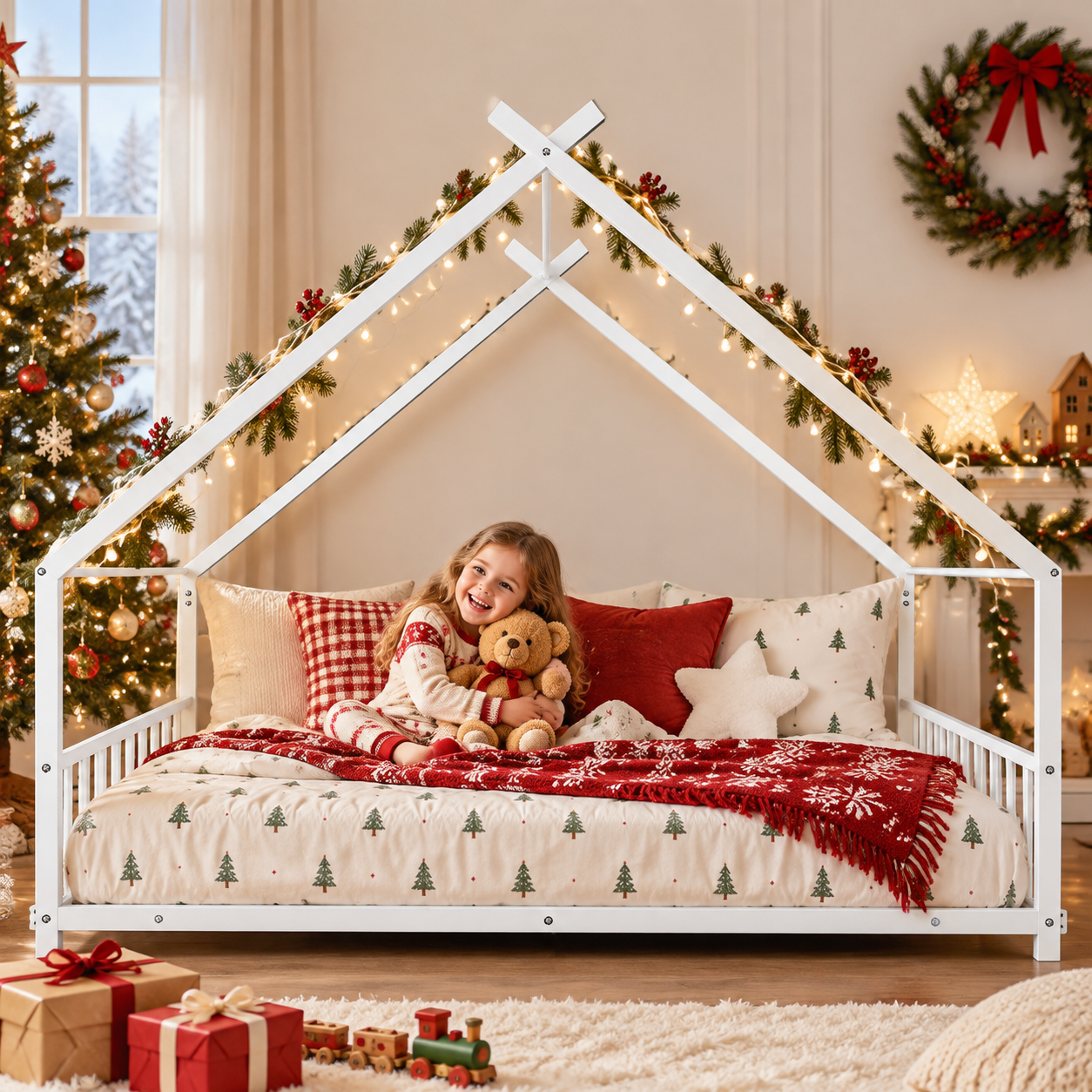 SESSLIFE Twin House Bed Frame, Low Profile Floor Bed with Roof Frame, Montessori Metal Platform Bed with Slats, No Box Spring Needed, 250 lb, Pink