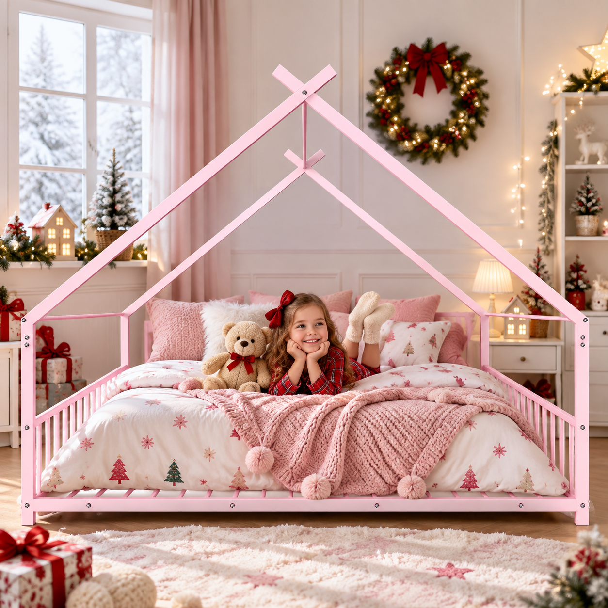 SESSLIFE Twin House Bed Frame, Low Profile Floor Bed with Roof Frame, Montessori Metal Platform Bed with Slats, No Box Spring Needed, 250 lb, Pink