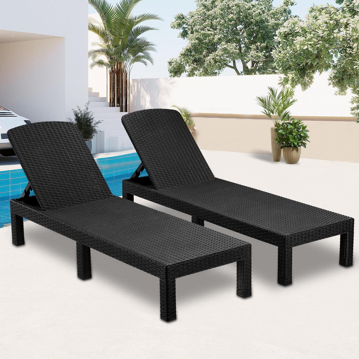 Patio Lounge Chairs Set of 3, Rattan Chaise Chairs with 5 Backrest Angles and Tea Table, Poolside Deck Garden Sun Lounger Reclining Chair Furniture