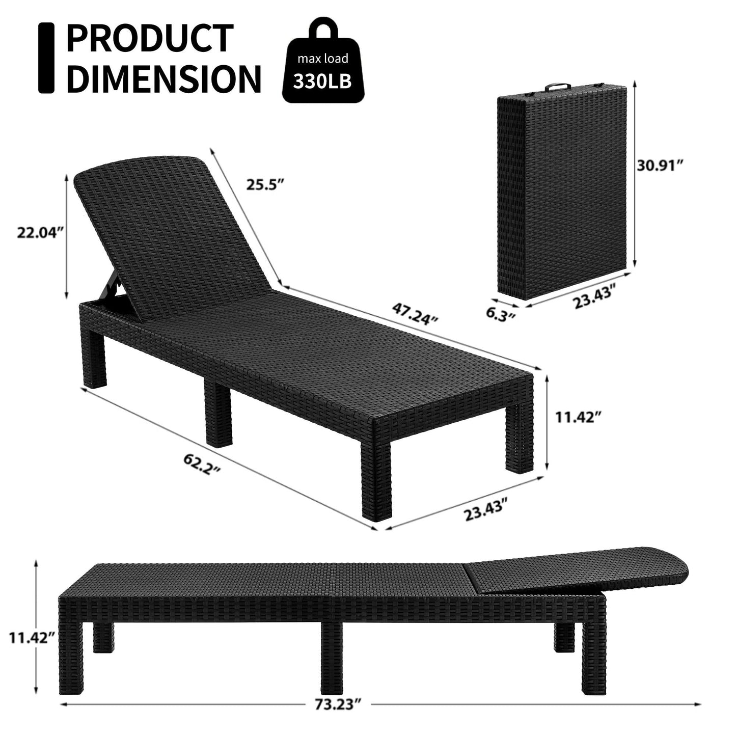 Patio Lounge Chairs Set of 2, Outdoor Chaise Lounge Chair with 4 Backrest Angles, Patio Foldable Reclining Chair Furniture for Poolside, Deck, Backyard, Black