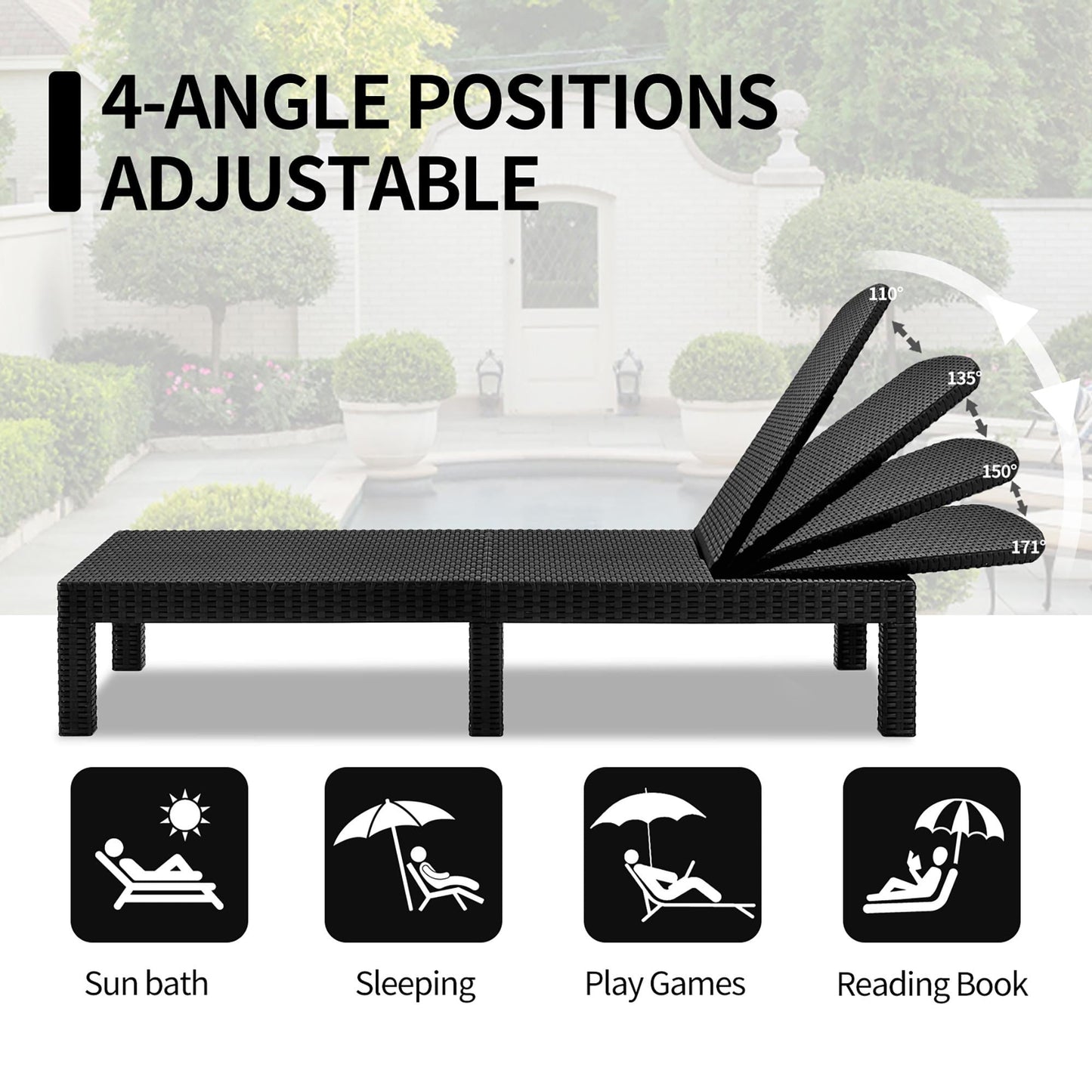 Patio Lounge Chairs Set of 2, Outdoor Chaise Lounge Chair with 4 Backrest Angles, Patio Foldable Reclining Chair Furniture for Poolside, Deck, Backyard, Black