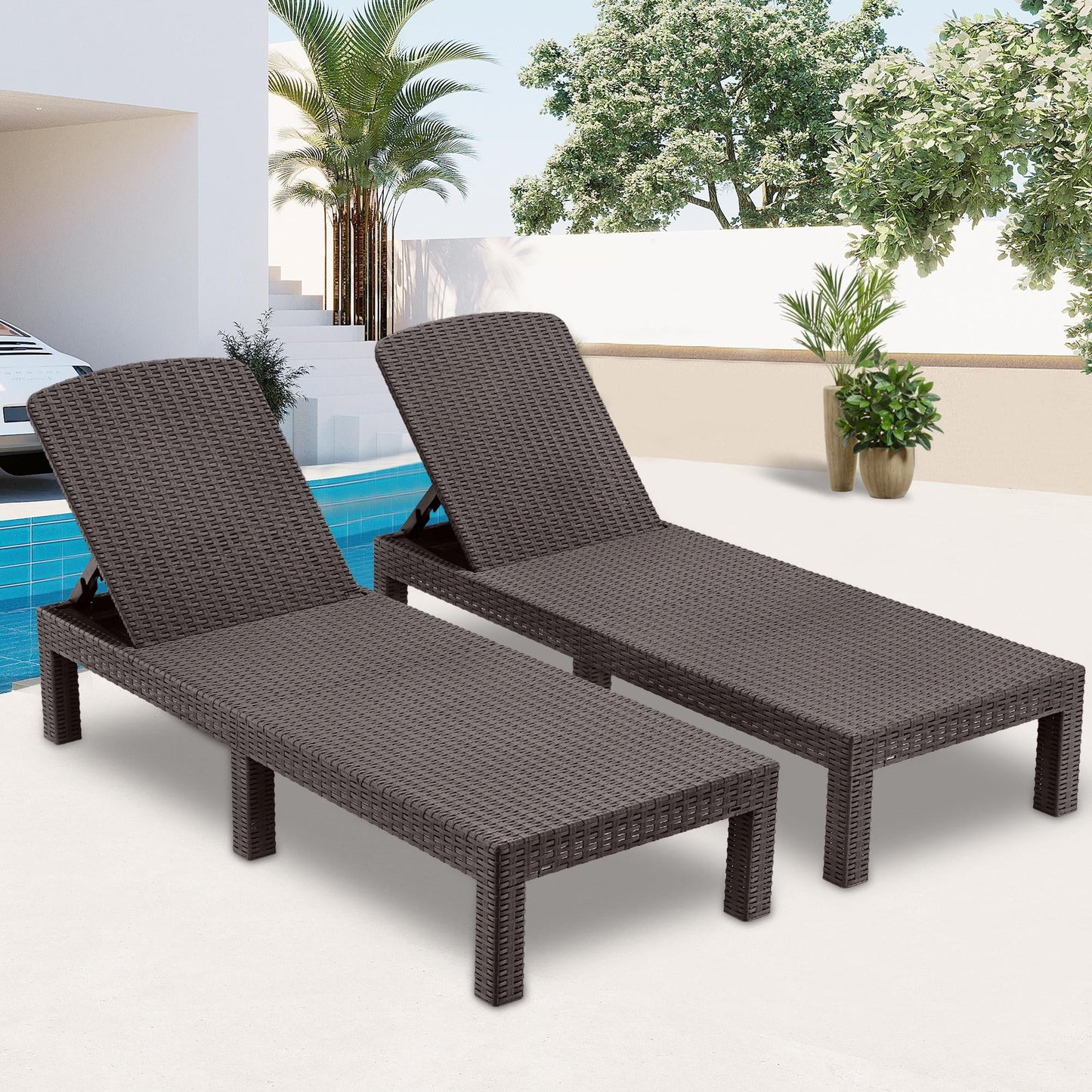 Patio Lounge Chairs Set of 3, Rattan Chaise Chairs with 5 Backrest Angles and Tea Table, Poolside Deck Garden Sun Lounger Reclining Chair Furniture