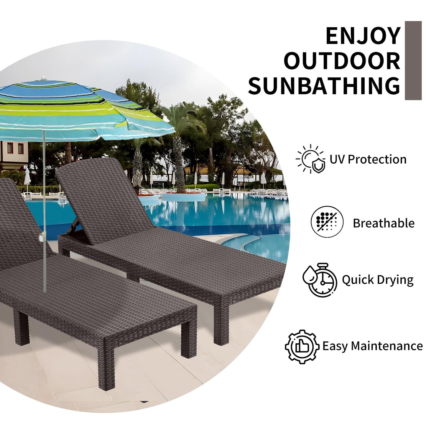 Patio Lounge Chairs Set of 2, Outdoor Chaise Lounge Chair with 4 Backrest Angles, Patio Foldable Reclining Chair Furniture for Poolside, Deck, Backyard, Brown