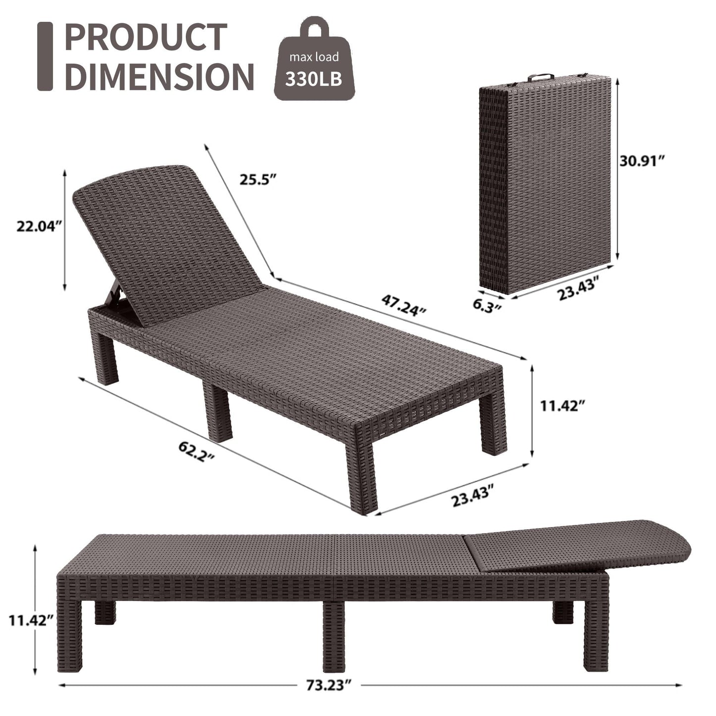 Patio Lounge Chairs Set of 2, Outdoor Chaise Lounge Chair with 4 Backrest Angles, Patio Foldable Reclining Chair Furniture for Poolside, Deck, Backyard, Brown