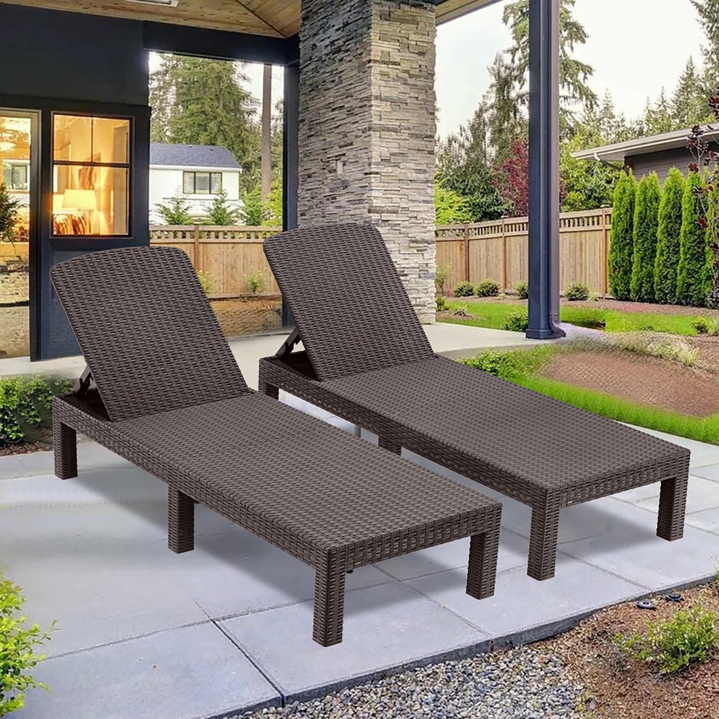 Patio Lounge Chairs Set of 2, Outdoor Chaise Lounge Chair with 4 Backrest Angles, Patio Foldable Reclining Chair Furniture for Poolside, Deck, Backyard, Brown