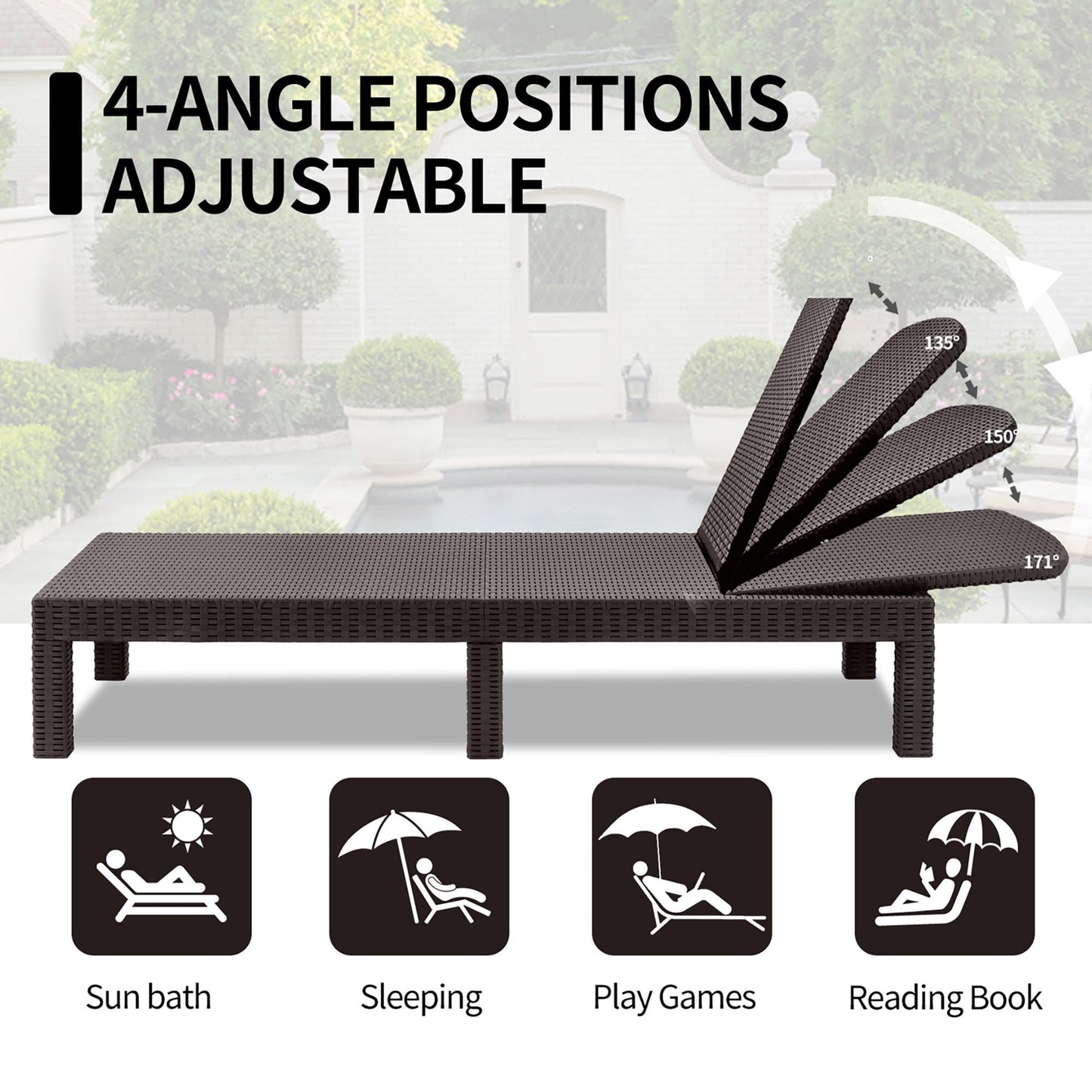 Patio Lounge Chairs Set of 2, Outdoor Chaise Lounge Chair with 4 Backrest Angles, Patio Foldable Reclining Chair Furniture for Poolside, Deck, Backyard, Brown