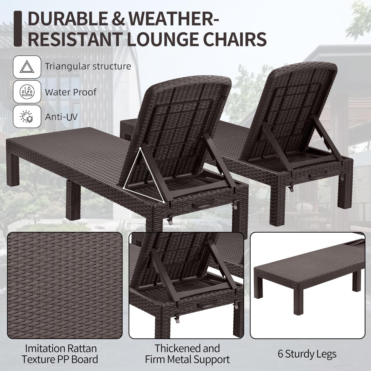 Patio Lounge Chairs Set of 2, Outdoor Chaise Lounge Chair with 4 Backrest Angles, Patio Foldable Reclining Chair Furniture for Poolside, Deck, Backyard, Brown