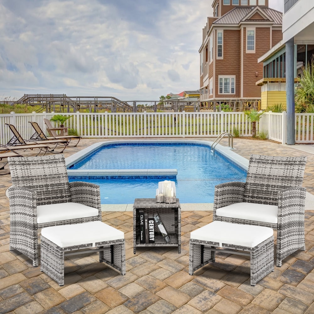 Patio Set Outdoor Furniture, 5 PCS Patio Bistro Set with Glass Coffee Table, Patio Sectional Sofa Conversation Set, Outside Furniture Set for Garden, Backyard, Porch, Balcony, Poolside,