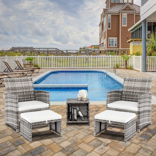 Patio Set Outdoor Furniture, 5 PCS Patio Bistro Set with Glass Coffee Table, Patio Sectional Sofa Conversation Set, Outside Furniture Set for Garden, Backyard, Porch, Balcony, Poolside,