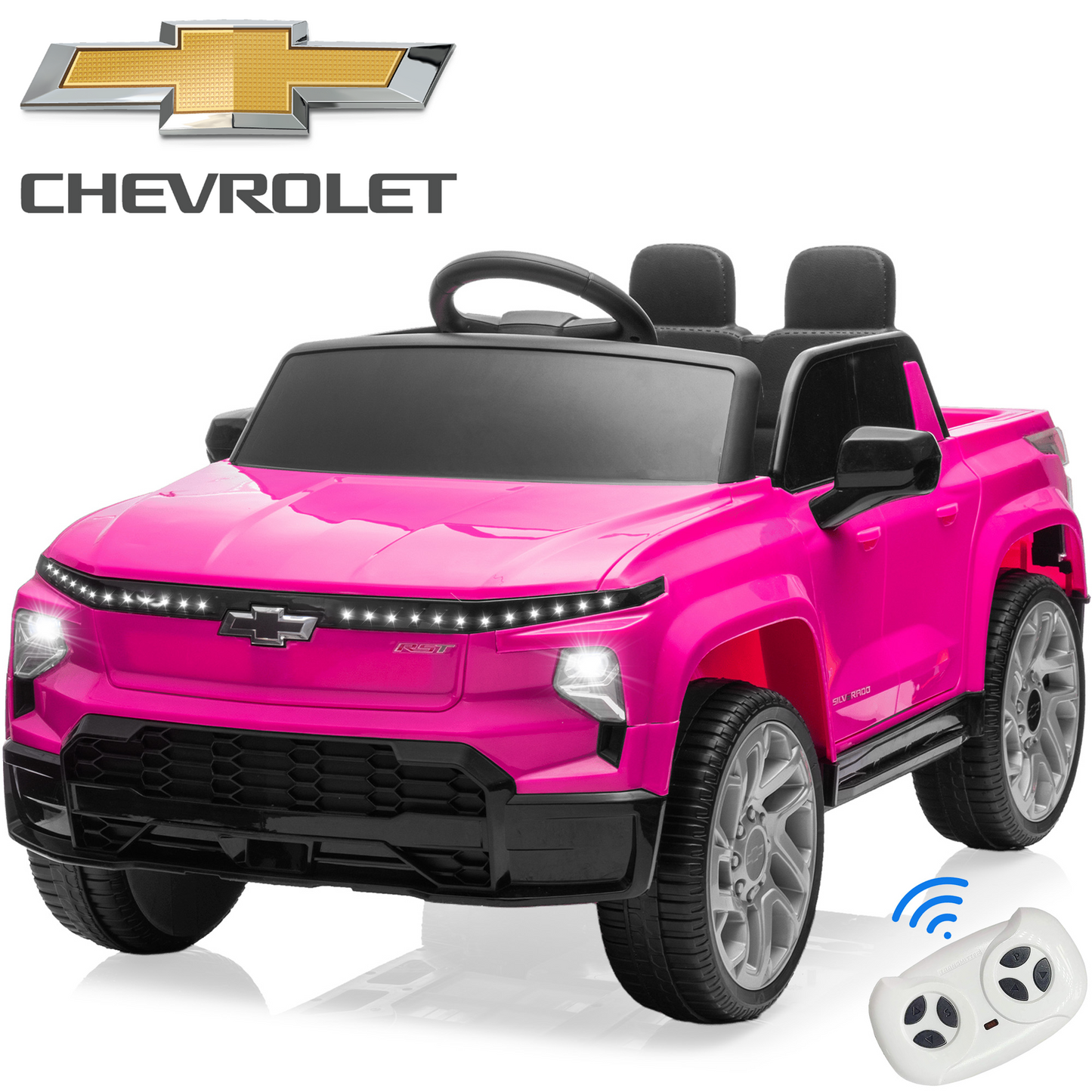 Chevrolet Silverado 24V Ride on Truck, Black Ride on Toys with Remote Control, Battery Powered Ride on Cars for Boys, Electric Truck Cars for Kids to Ride, LED Lights, MP3 Music, Single Seat, Pink