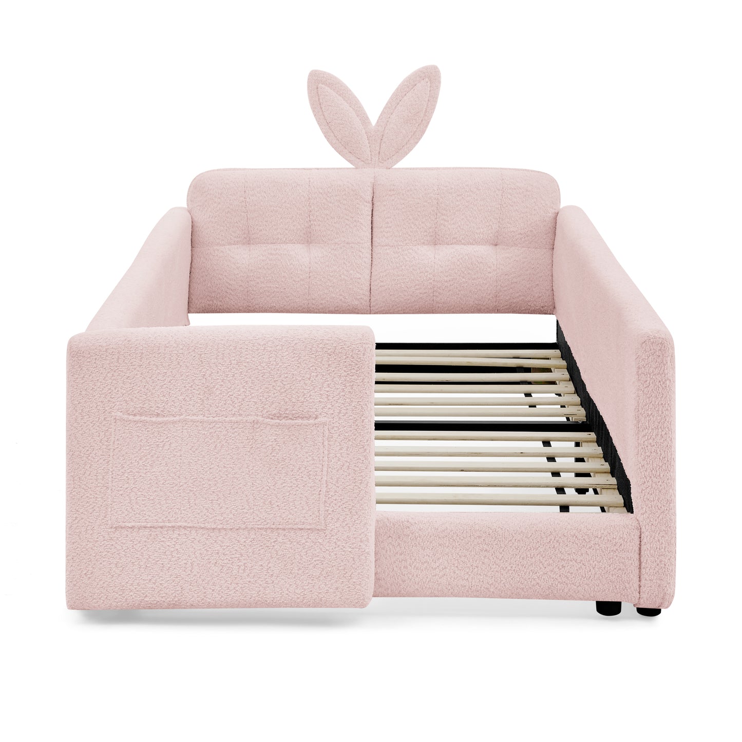 Sesslife Twin Bed Frame with Guardrail, Upholstered Twin Size Floor Bed with Rabbit Ear Headboard and Side Pocket, Montessori Platform Bed Frame with Wood Slats for Little Boys Girls, Beige