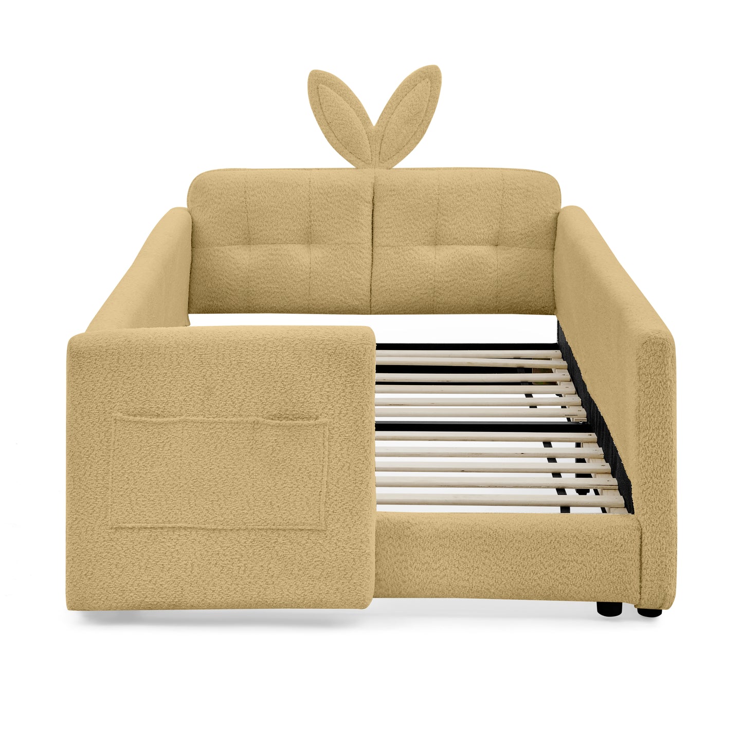Sesslife Twin Bed Frame with Guardrail, Upholstered Twin Size Floor Bed with Rabbit Ear Headboard and Side Pocket, Montessori Platform Bed Frame with Wood Slats for Little Boys Girls, Beige