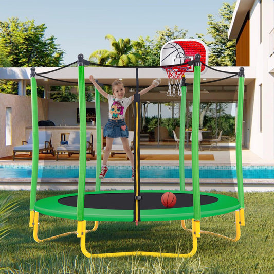 5.5 FT Trampoline for Kids and Adults, Outdoor Trampoline with Enclosure Net, Ladder, Heavy Duty Backyard Round Trampoline for Family Fun, Green