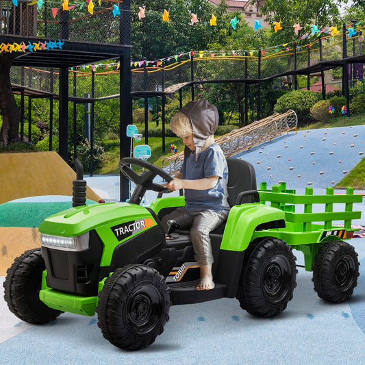 Electric Cars for Kids, 12V Ride on Toys Tractors for Kids, 2 Speed Battery Electric Vehicle with LED Lights, MP3 Horn, USB Port, Green Farm Toys Ride on Cars for Boys