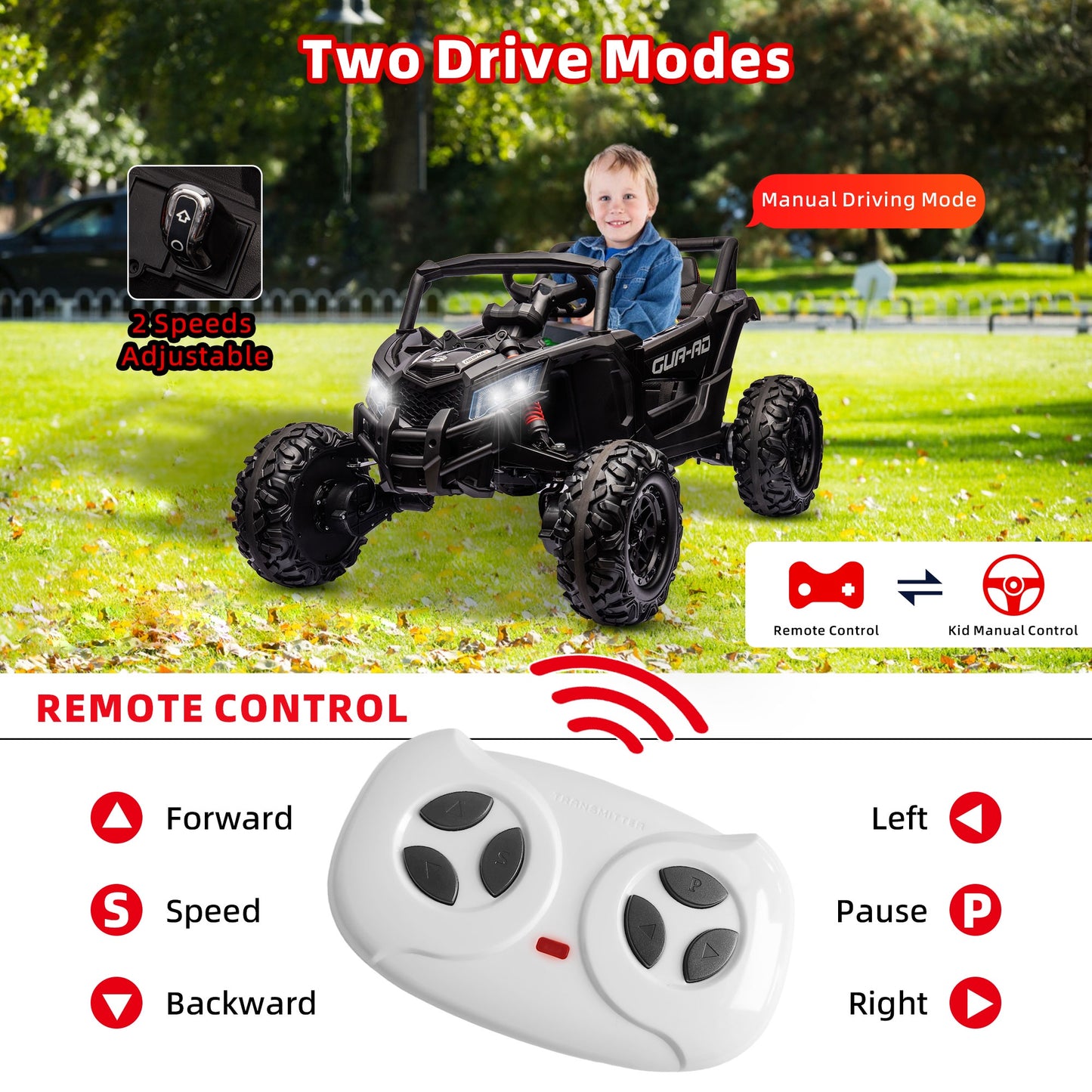 24V Ride on UTV for Kids, Battery Powered Ride on Car with Parental Remote control, Music Player, 4 Wheel Shock Spring, 3 Point Safety Belt, Ride on Toy for Boys and Girls 3 4 5 6 Years Olds, Black