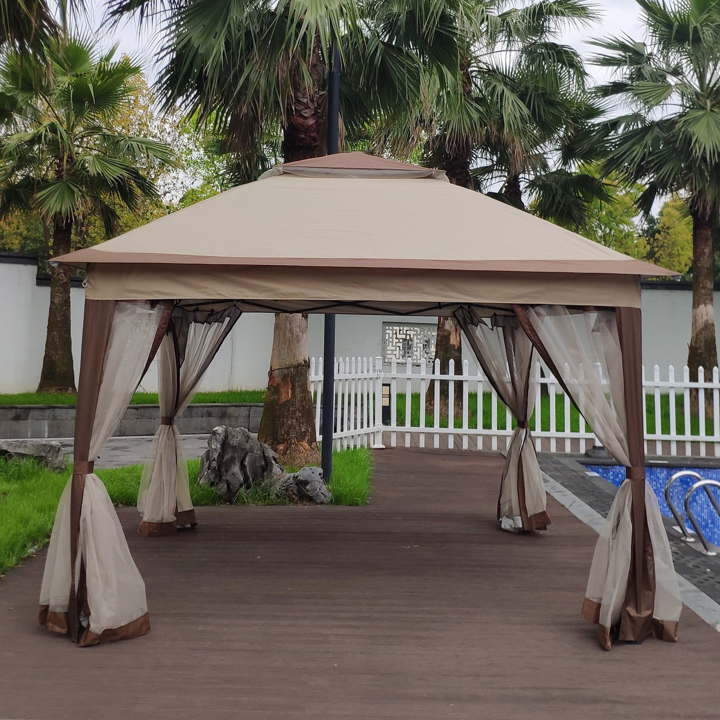 10.5' x 10.5' Patio Gazebo, Outdoor Canopy Gazebo with Mosquito Netting and Double Roof, Beige Popup Gazebo for Lawn, Garden, Backyard, Deck