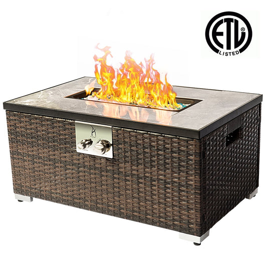 Patio Fire Pit Table, 32" Propane Fire Pit with Glass Stones, Auto-Ignition, Waterproof Rain Cover, 40000 BTU Gas Heater Table, Control Knob Adjustable Flame