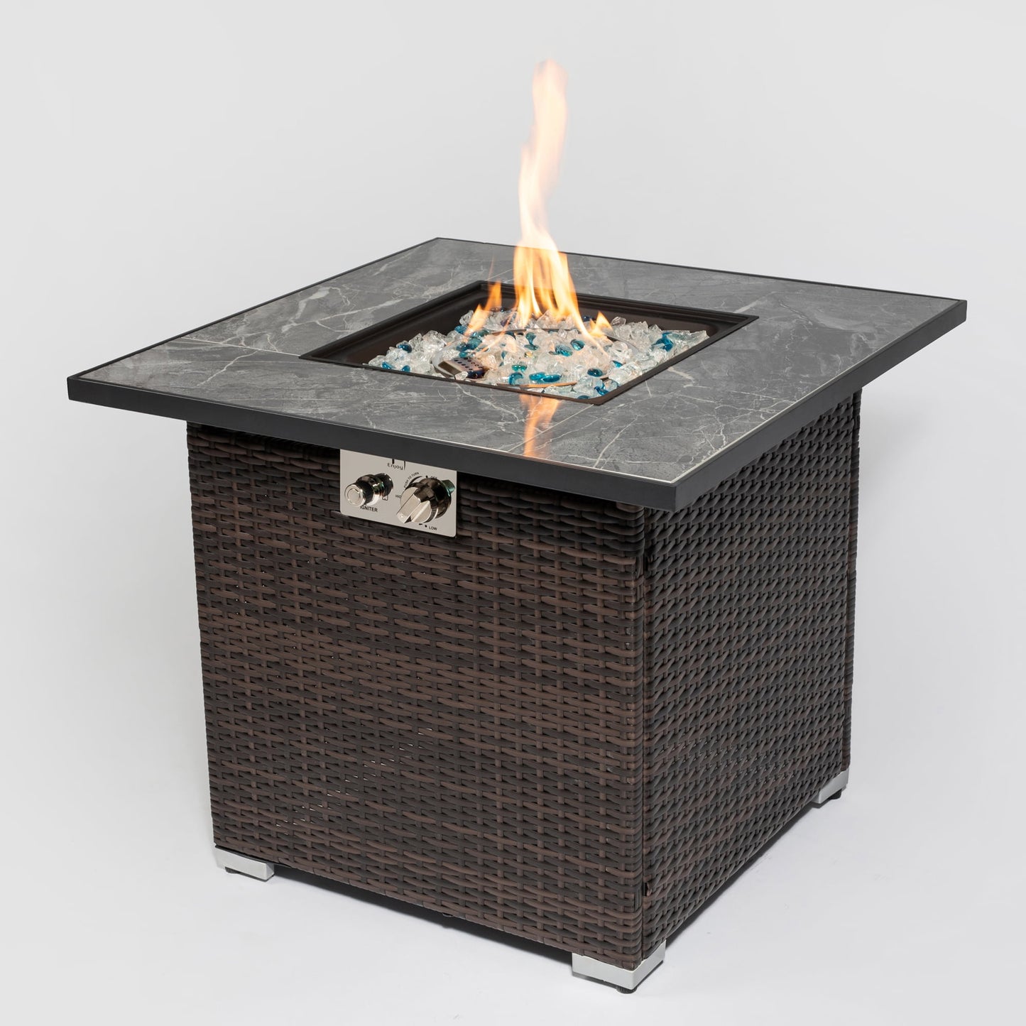 Patio Fire Pit Table, 32" Propane Fire Pit with Glass Stones, Auto-Ignition, Waterproof Rain Cover, 40000 BTU Gas Heater Table, Control Knob Adjustable Flame