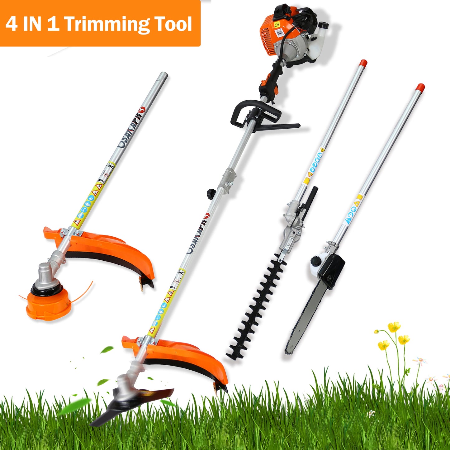 Gas Powered Weed Eater, 4 IN 1 Lawn Edger, 33CC 2-Cycle Full Crankshaft Lawn Edger with Hedge Trimmer, Gas Pole Saw, Grass Trimmer, and Brush Cutter