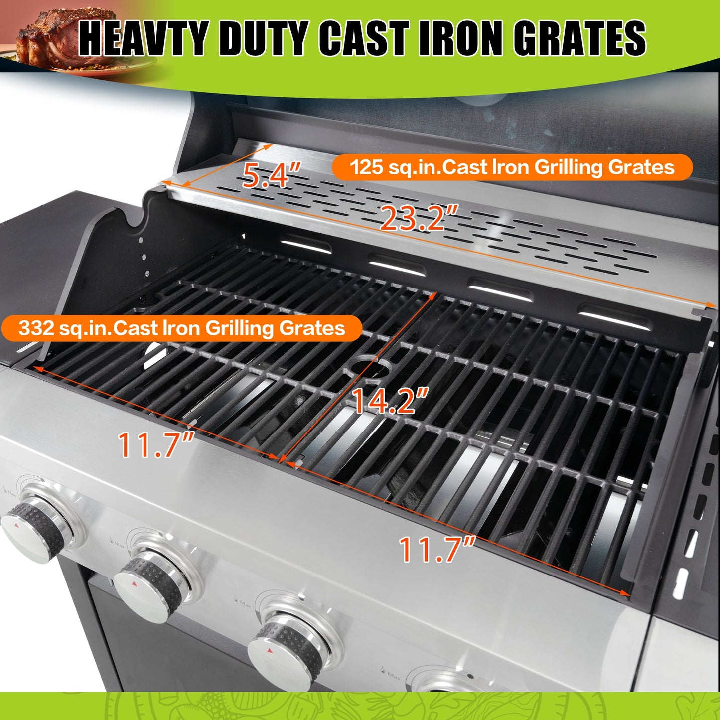 4 Burner Propane Gas Grill, Stainless Steel Barbecue Grill with Side Burner and Thermometer, 46,700BTU Outdoor BBQ Camping Grill