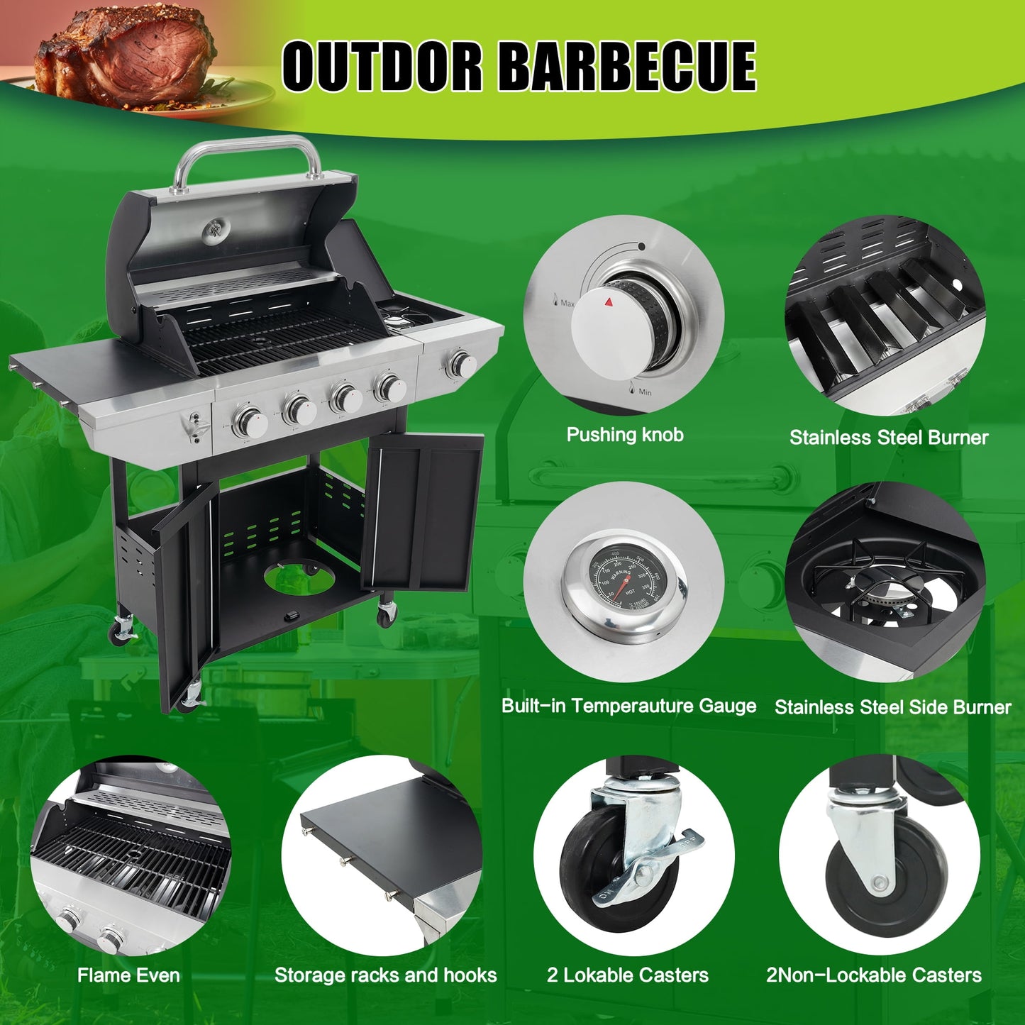 4 Burner Propane Gas Grill, Stainless Steel Barbecue Grill with Side Burner and Thermometer, 46,700BTU Outdoor BBQ Camping Grill