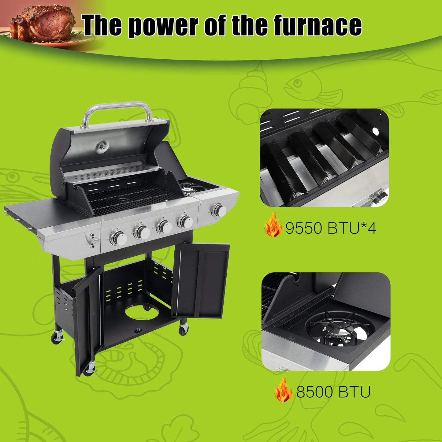 4 Burner Propane Gas Grill, Stainless Steel Barbecue Grill with Side Burner and Thermometer, 46,700BTU Outdoor BBQ Camping Grill