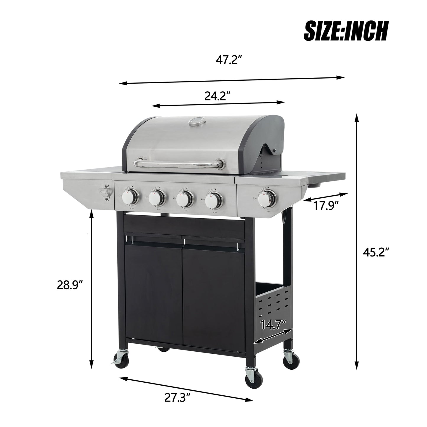 4 Burner Propane Gas Grill, Stainless Steel Barbecue Grill with Side Burner and Thermometer, 46,700BTU Outdoor BBQ Camping Grill