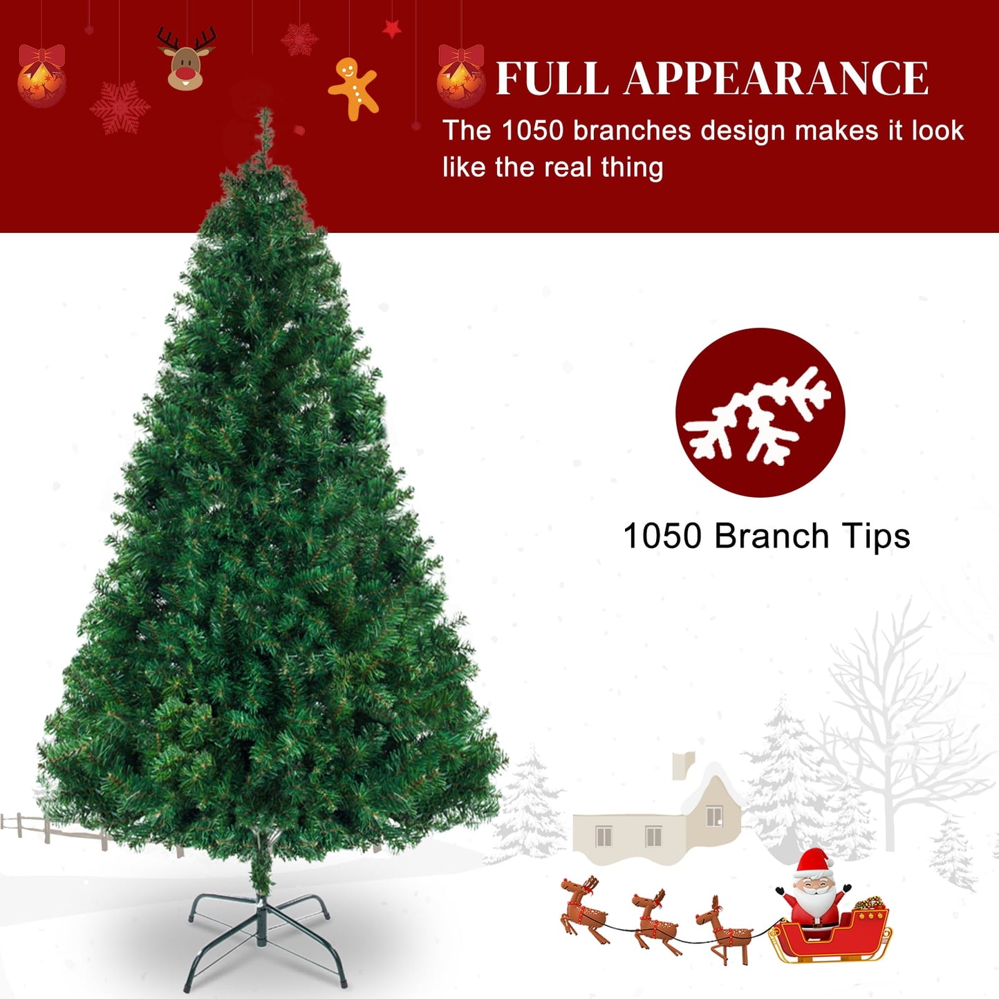 6ft Artificial Christmas Tree, 1000 Branch Tips Green Christmas Tree with Collapsible Stand, Large Bushy Christmas Pine Tree for Home Party Holiday Decoration, Easy Assembly