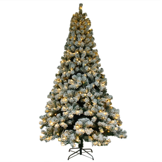 6ft Flocked Christmas Tree with Lights, Artificial Christmas Tree with Metal Stand, 928 Branch Tips Christmas Tree for Indoor Outdoor Home Holiday Decoration