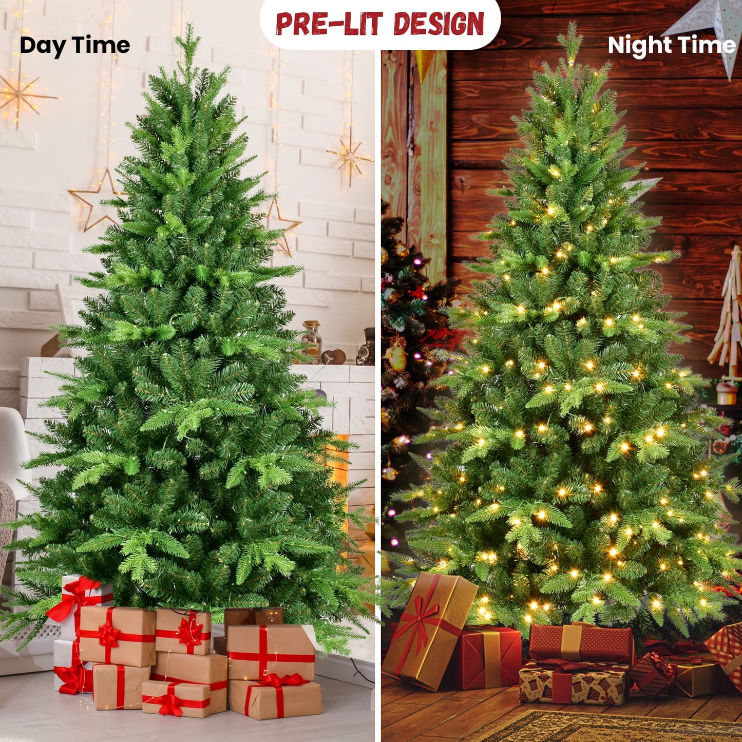 Christmas Tree with Lights, 7.5ft Prelit Artificial Christmas Tree with Metal Stand, 350 Pre-strung Led Lights and 1420 Tips, Xmas Trees Seasonal Holiday Decoration Tree