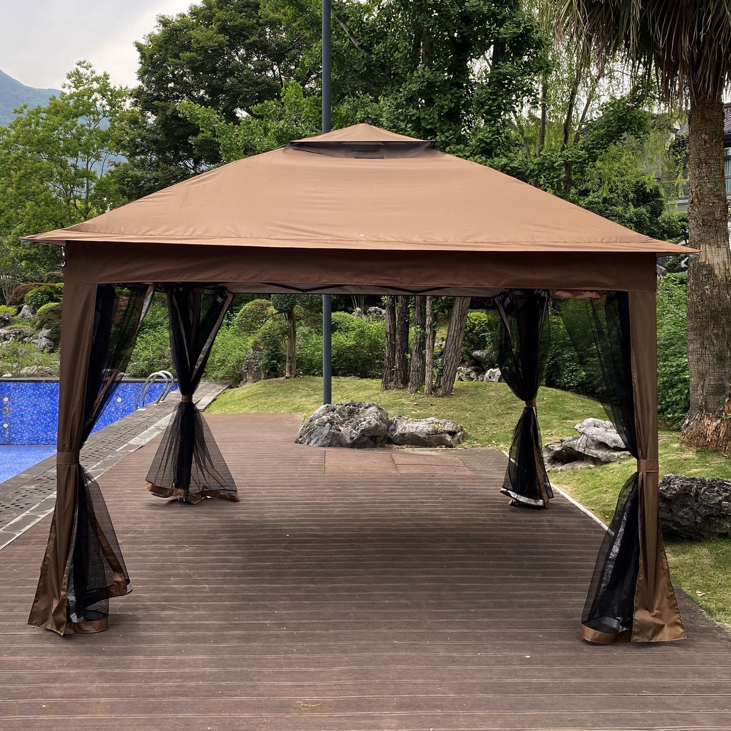 10.5' x 10.5' Patio Gazebo, Outdoor Canopy Gazebo with Mosquito Netting and Double Roof, Beige Popup Gazebo for Lawn, Garden, Backyard, Deck