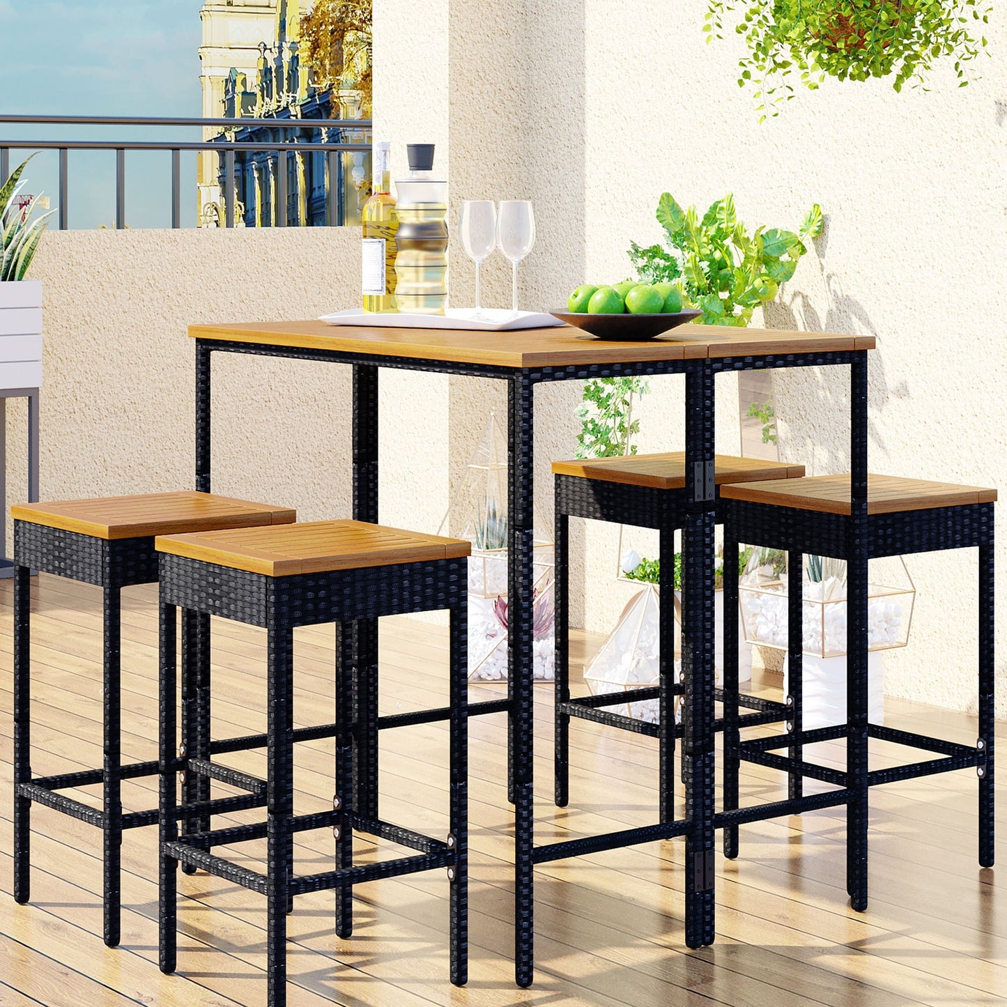 5 Piece Outdoor Dining Set with Storage Shelf, Patio Bar Table and 4 Stools Set, Modern Gray Wicker Outdoor Furniture Sets