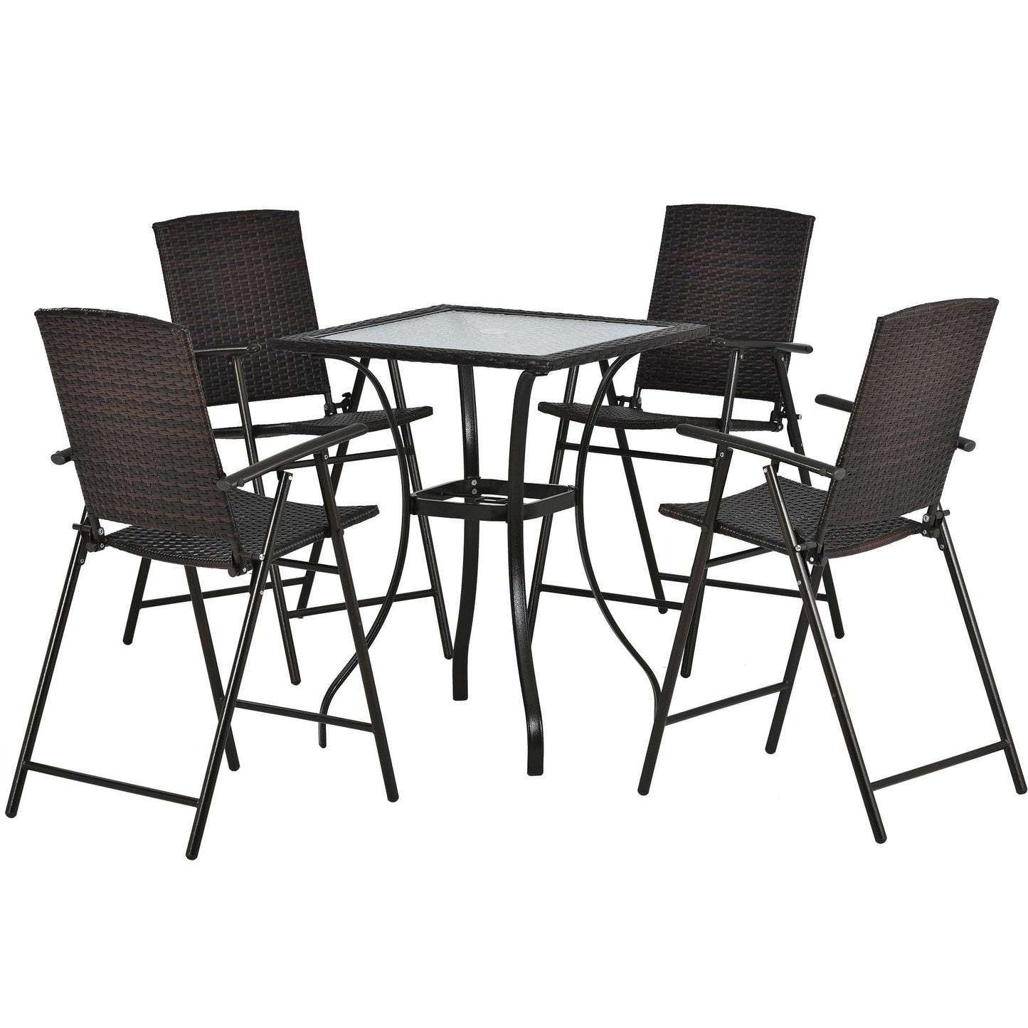 5 Piece Outdoor Dining Set with Storage Shelf, Patio Bar Table and 4 Stools Set, Modern Gray Wicker Outdoor Furniture Sets